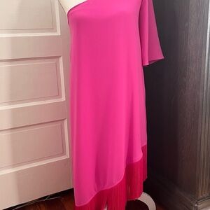 Trina Turk One-Shoulder Fuchsia Asymmetrical Fringe Dress
